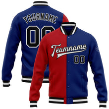 Load image into Gallery viewer, Custom Royal Black-Red Bomber Full-Snap Varsity Letterman Split Fashion Jacket