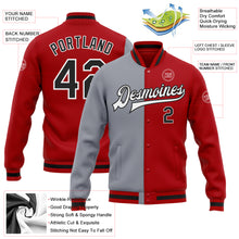 Load image into Gallery viewer, Custom Red Black-Gray Bomber Full-Snap Varsity Letterman Split Fashion Jacket