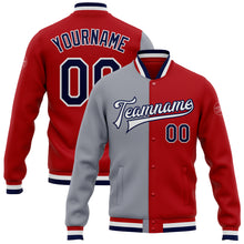 Load image into Gallery viewer, Custom Red Navy-Gray Bomber Full-Snap Varsity Letterman Split Fashion Jacket