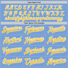 Load image into Gallery viewer, Custom Light Blue Gold-White Bomber Full-Snap Varsity Letterman Split Fashion Jacket