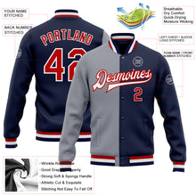 Load image into Gallery viewer, Custom Navy Red-Gray Bomber Full-Snap Varsity Letterman Split Fashion Jacket