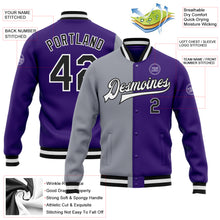 Load image into Gallery viewer, Custom Purple Black-Gray Bomber Full-Snap Varsity Letterman Split Fashion Jacket