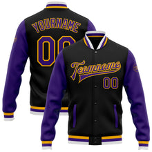 Load image into Gallery viewer, Custom Black Purple-Gold Bomber Full-Snap Varsity Letterman Two Tone Jacket