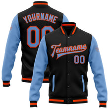 Load image into Gallery viewer, Custom Black Light Blue-Orange Bomber Full-Snap Varsity Letterman Two Tone Jacket