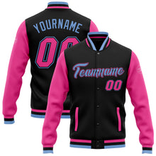 Load image into Gallery viewer, Custom Black Pink-Light Blue Bomber Full-Snap Varsity Letterman Two Tone Jacket