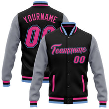 Load image into Gallery viewer, Custom Black Pink Gray-Light Blue Bomber Full-Snap Varsity Letterman Two Tone Jacket