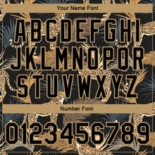 Load image into Gallery viewer, Custom Black Black-Old Gold Tropical Leopard With Palms 3D Pattern Design Bomber Full-Snap Varsity Letterman Jacket