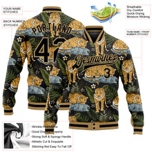 Load image into Gallery viewer, Custom Black Black-Old Gold Tropical Tiger With Palms 3D Pattern Design Bomber Full-Snap Varsity Letterman Jacket