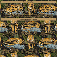 Load image into Gallery viewer, Custom Black Black-Old Gold Tropical Tiger With Palms 3D Pattern Design Bomber Full-Snap Varsity Letterman Jacket