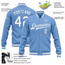 Load image into Gallery viewer, Custom Light Blue White Bomber Full-Snap Varsity Letterman Jacket