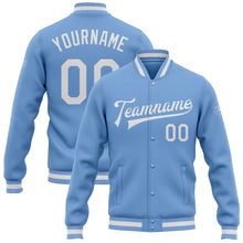 Load image into Gallery viewer, Custom Light Blue White Bomber Full-Snap Varsity Letterman Jacket