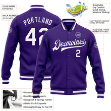 Load image into Gallery viewer, Custom Purple White Bomber Full-Snap Varsity Letterman Jacket