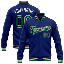 Load image into Gallery viewer, Custom Royal Kelly Green Cream-Black Bomber Full-Snap Varsity Letterman Jacket
