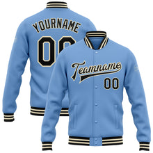 Load image into Gallery viewer, Custom Light Blue Black-Cream Bomber Full-Snap Varsity Letterman Jacket