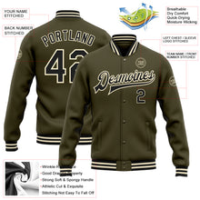 Load image into Gallery viewer, Custom Olive Black-Cream Bomber Full-Snap Varsity Letterman Salute To Service Jacket