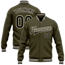 Load image into Gallery viewer, Custom Olive Black-Cream Bomber Full-Snap Varsity Letterman Salute To Service Jacket
