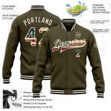Load image into Gallery viewer, Custom Olive Vintage USA Flag Cream-Black Bomber Full-Snap Varsity Letterman Salute To Service Jacket