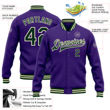 Load image into Gallery viewer, Custom Purple Green-Cream Bomber Full-Snap Varsity Letterman Jacket