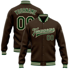 Load image into Gallery viewer, Custom Brown Green-Cream Bomber Full-Snap Varsity Letterman Jacket