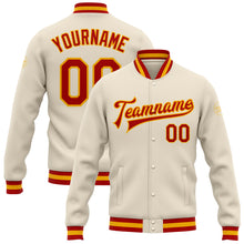 Load image into Gallery viewer, Custom Cream Red-Gold Bomber Full-Snap Varsity Letterman Jacket