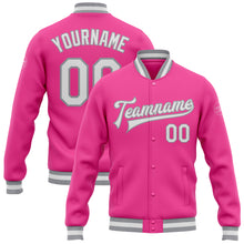 Load image into Gallery viewer, Custom Pink White-Gray Bomber Full-Snap Varsity Letterman Jacket