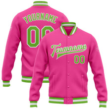 Load image into Gallery viewer, Custom Pink Neon Green-White Bomber Full-Snap Varsity Letterman Jacket