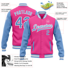 Load image into Gallery viewer, Custom Pink Light Blue-White Bomber Full-Snap Varsity Letterman Two Tone Jacket