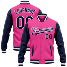 Load image into Gallery viewer, Custom Pink Navy-White Bomber Full-Snap Varsity Letterman Two Tone Jacket