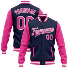 Load image into Gallery viewer, Custom Navy Pink-White Bomber Full-Snap Varsity Letterman Two Tone Jacket