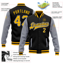 Load image into Gallery viewer, Custom Black Gold-Gray Bomber Full-Snap Varsity Letterman Two Tone Jacket