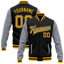 Load image into Gallery viewer, Custom Black Gold-Gray Bomber Full-Snap Varsity Letterman Two Tone Jacket