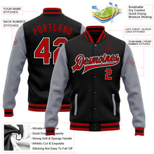 Load image into Gallery viewer, Custom Black Red-Gray Bomber Full-Snap Varsity Letterman Two Tone Jacket