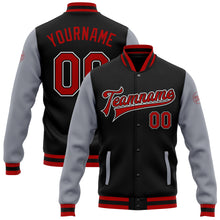 Load image into Gallery viewer, Custom Black Red-Gray Bomber Full-Snap Varsity Letterman Two Tone Jacket
