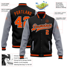 Load image into Gallery viewer, Custom Black Orange-Gray Bomber Full-Snap Varsity Letterman Two Tone Jacket