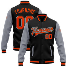 Load image into Gallery viewer, Custom Black Orange-Gray Bomber Full-Snap Varsity Letterman Two Tone Jacket