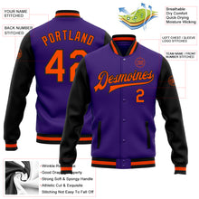 Load image into Gallery viewer, Custom Purple Orange-Black Bomber Full-Snap Varsity Letterman Two Tone Jacket