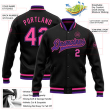 Load image into Gallery viewer, Custom Black Pink-Purple Bomber Full-Snap Varsity Letterman Jacket