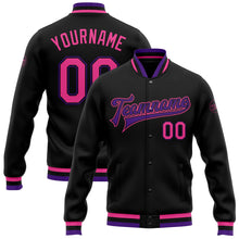 Load image into Gallery viewer, Custom Black Pink-Purple Bomber Full-Snap Varsity Letterman Jacket