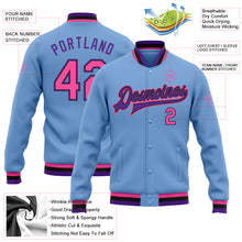 Load image into Gallery viewer, Custom Light Blue Pink Black-Purple Bomber Full-Snap Varsity Letterman Jacket