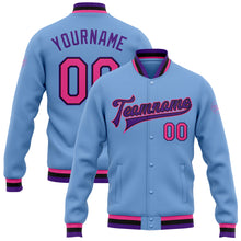 Load image into Gallery viewer, Custom Light Blue Pink Black-Purple Bomber Full-Snap Varsity Letterman Jacket