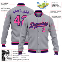 Load image into Gallery viewer, Custom Gray Pink Black-Purple Bomber Full-Snap Varsity Letterman Jacket