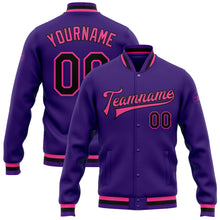 Load image into Gallery viewer, Custom Purple Black-Pink Bomber Full-Snap Varsity Letterman Jacket