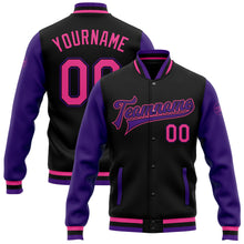 Load image into Gallery viewer, Custom Black Pink-Purple Bomber Full-Snap Varsity Letterman Two Tone Jacket