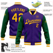 Load image into Gallery viewer, Custom Purple Gold-Kelly Green Bomber Full-Snap Varsity Letterman Two Tone Jacket