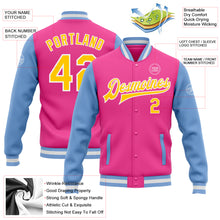 Load image into Gallery viewer, Custom Pink Yellow-Light Blue Bomber Full-Snap Varsity Letterman Two Tone Jacket