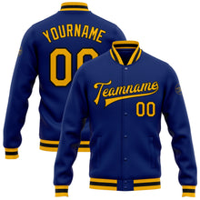 Load image into Gallery viewer, Custom Royal Gold-Black Bomber Full-Snap Varsity Letterman Jacket
