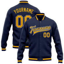 Load image into Gallery viewer, Custom Navy Gold-White Bomber Full-Snap Varsity Letterman Jacket