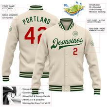 Load image into Gallery viewer, Custom Cream Red-Green Bomber Full-Snap Varsity Letterman Jacket