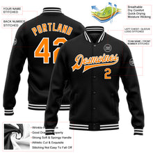 Load image into Gallery viewer, Custom Black Bay Orange-White Bomber Full-Snap Varsity Letterman Jacket