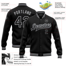 Load image into Gallery viewer, Custom Black Gray Bomber Full-Snap Varsity Letterman Jacket